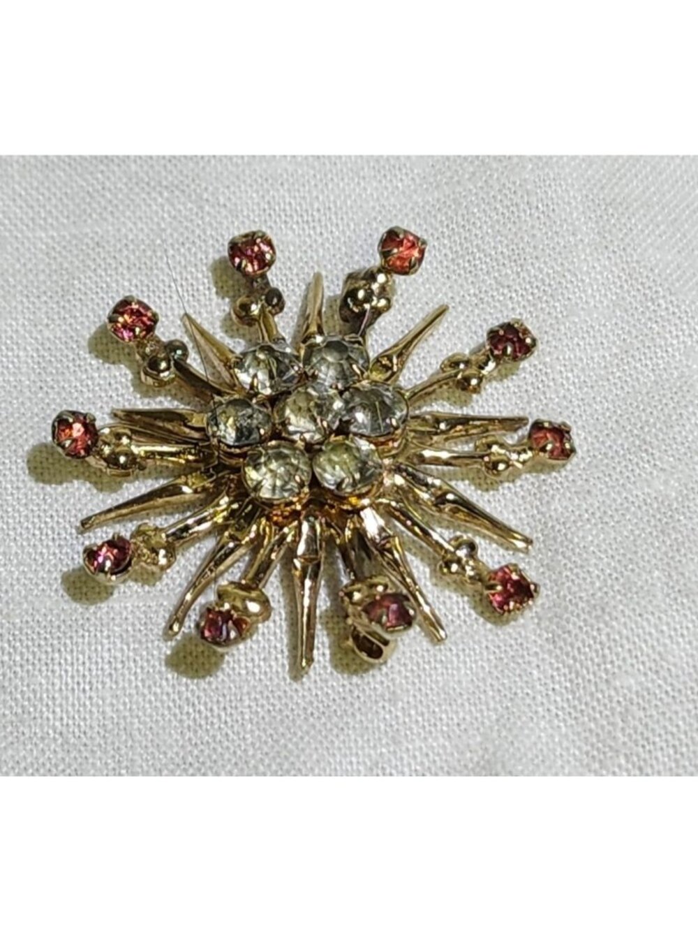 Vintage Gold Tone Asteroid Brooch Pink & Clear Rhinestones Mid-Century Starburst